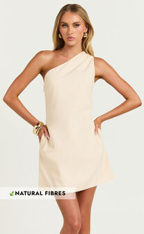 Mardelle Mini Dress - Linen One Shoulder Shift Dress in Neutral