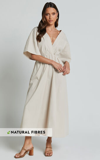 Alectra Midi Dress - Plunge Neck 3/4 Sleeve Cross Back A Line Dress in Stone