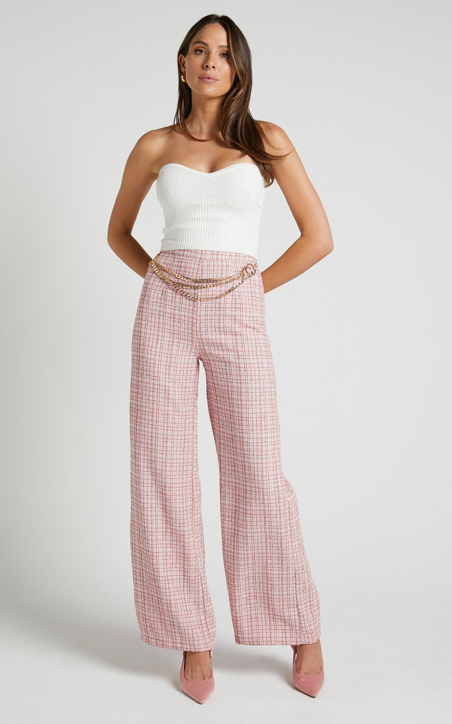 Icie Pants - High Waisted Tweed Wide Leg Pants in Pink Tweed
