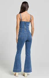 Joey Jumpsuit - Panelled Cami Flared Bottom Denim Jumpsuit in Dark Blue ...