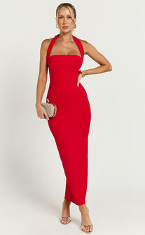 Salome Midi Dress - Halter Neck Column Dress in Red