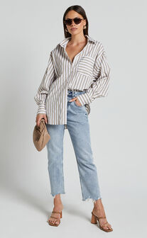 Jaycey Shirt - Long Sleeve Pocket Detail Shirt in Beige Stripe