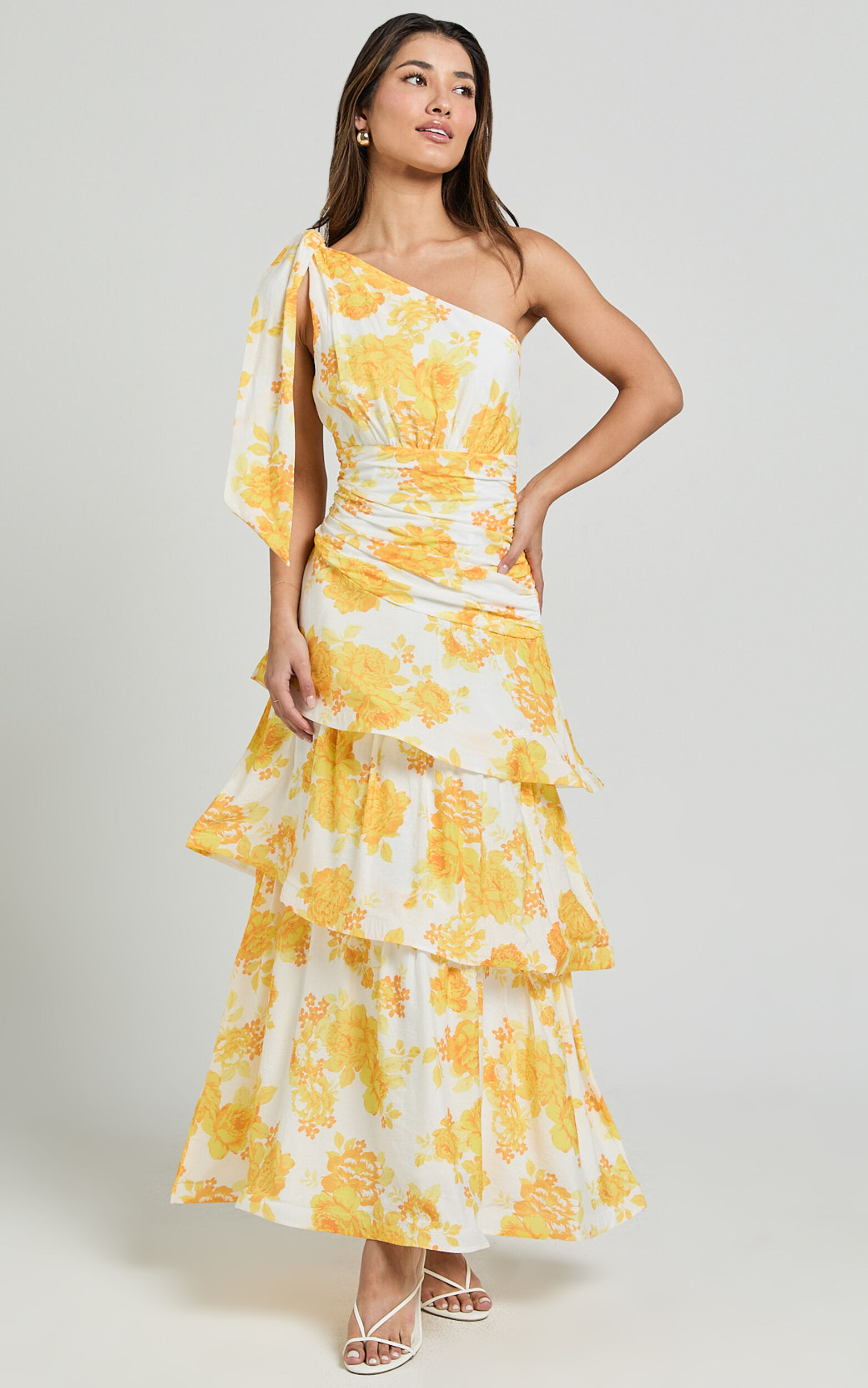 Krissy Midi Dress - Asymmetrical Tie Shoulder Layered Dress in Yellow ...