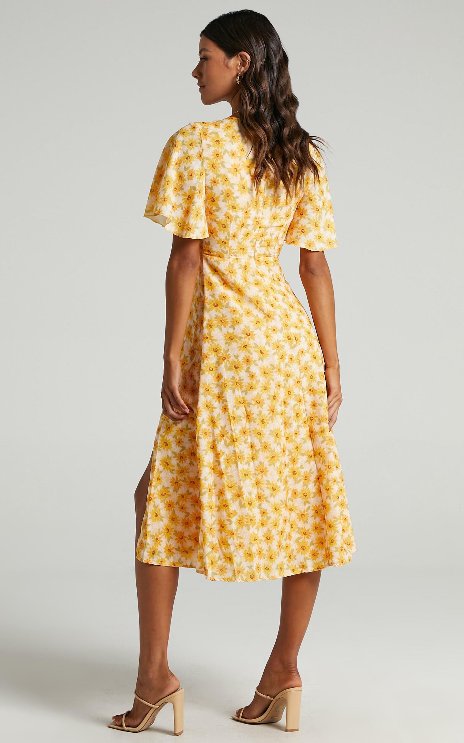 Wild And Free Mind Split Midi Dress In Sunflower Print Showpo