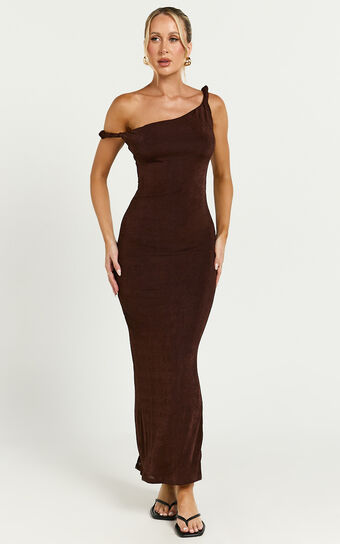 Isabel Midi Dress - Twist Off Shoulder Bodycon Dress in Chocolate