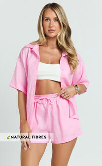 Ramona Top - Linen Short Sleeve Shirt in Pink