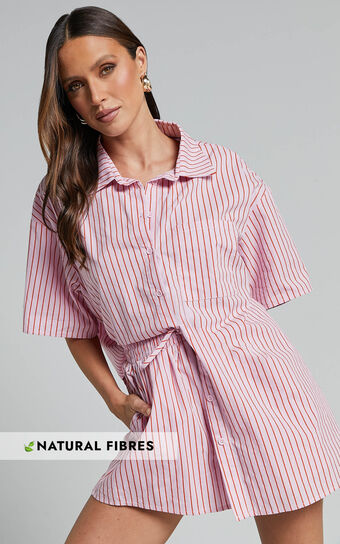 Gijon Shirt - Collared Button Through Shirt in Pink and Red Stripe