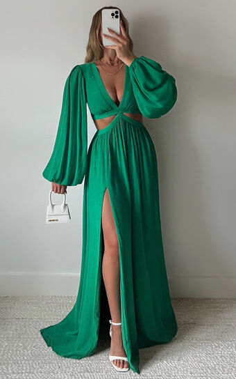 Paige Maxi Dress  Side Cut Out Balloon Sleeve in Green
