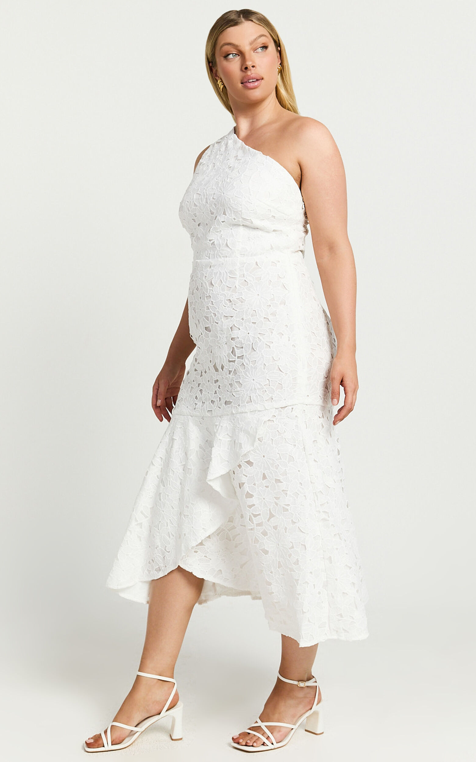 Beth Midi Dress - One Shoulder Ruffle Hem Lace Dress in