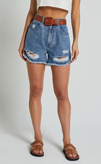 Mindae Shorts - Recycled Cotton Ripped Denim Shorts in Blue
