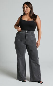 Emman Jeans - High Waisted Cotton Wide Leg Denim Jeans in Washed Black