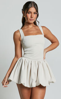 Bridgette Mini Dress - Straight Neck Sleeveless Fit and Flare Dress in Cream