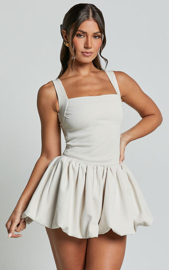 Bridgette Mini Dress - Straight Neck Sleeveless Fit and Flare Dress in Cream