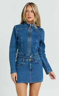Pamela Jacket - Denim Biker Detail Long Sleeve Jacket in Dark Blue Wash