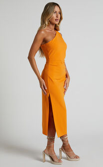 Monette Midi Dress - One Shoulder Straight Dress in Orange