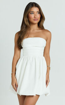 Shaima Mini Dress - Strapless Bubble Hem Dress in White