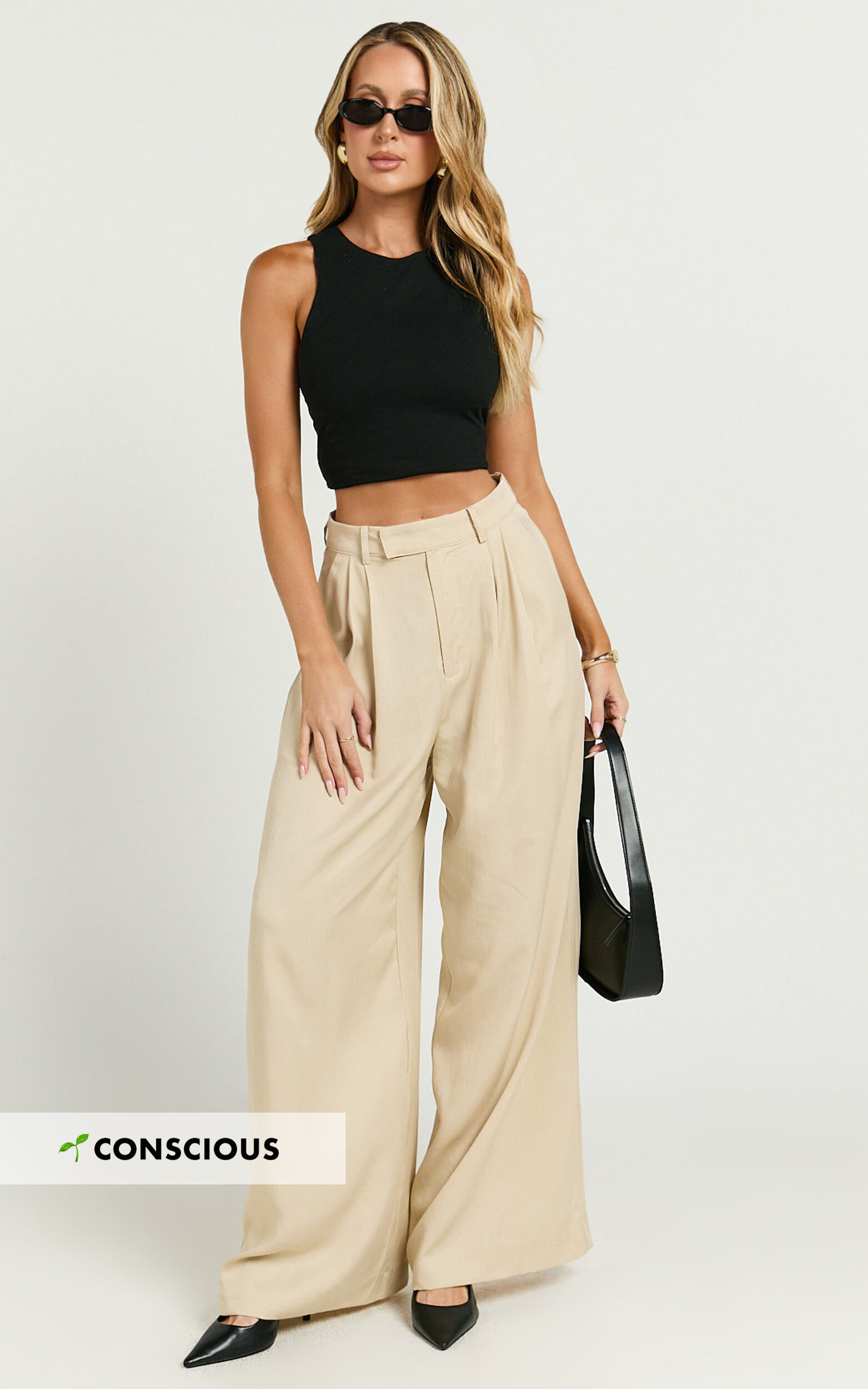 Clarke Pants - High Waist Wide Leg Pants in Stone - 04, NEU1
