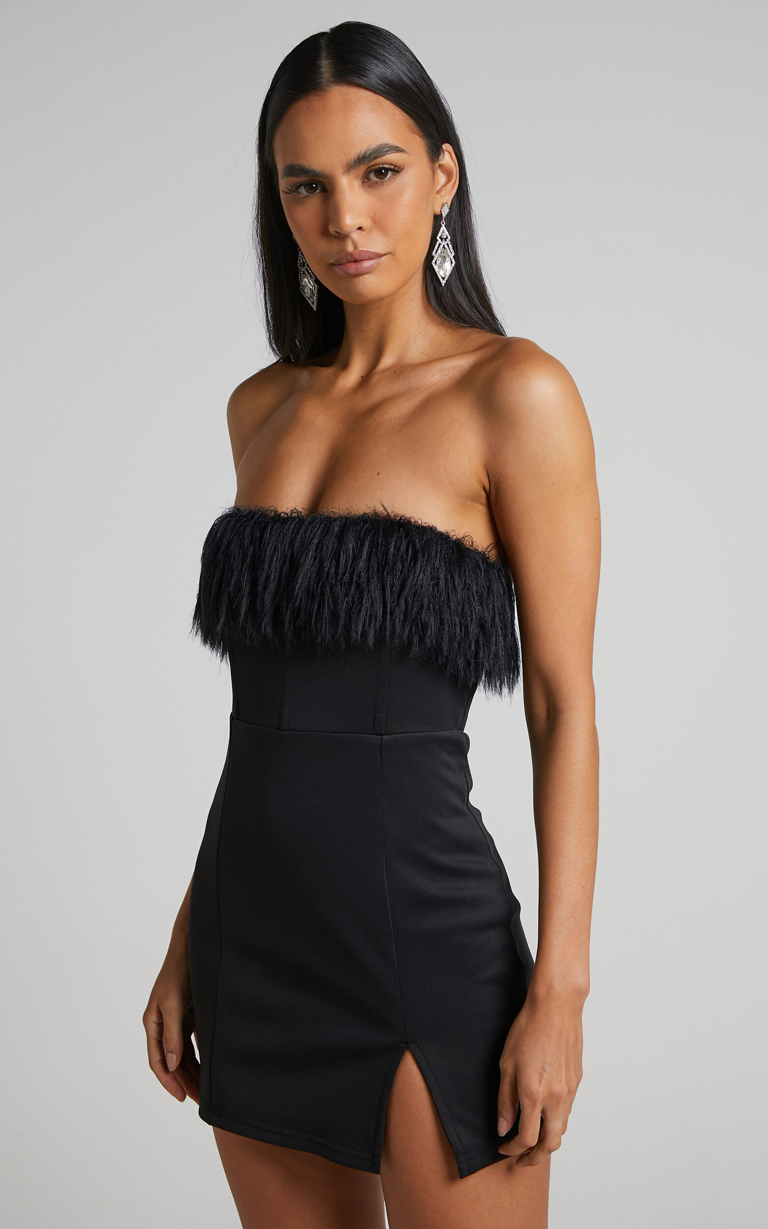 Rhaiza Mini Dress - Faux Feather Trim Strapless Dress in Black