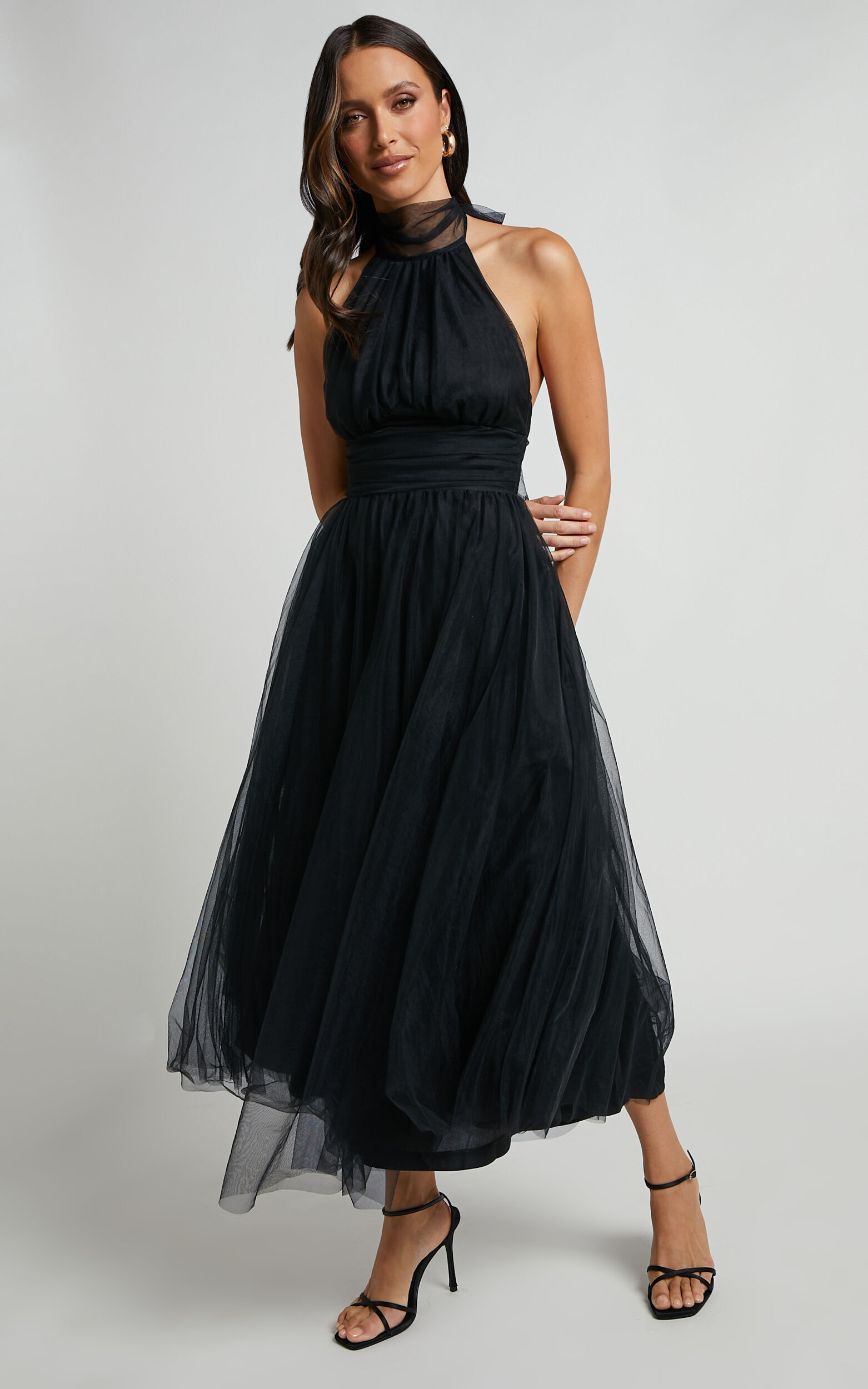 Eleonor Midi Dress Halter Neck Bust Gathering Tulle Dress in