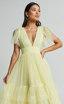 Jiraye Midi Dress - Flutter Sleeve Tuelle Plunge Dress in Lemon