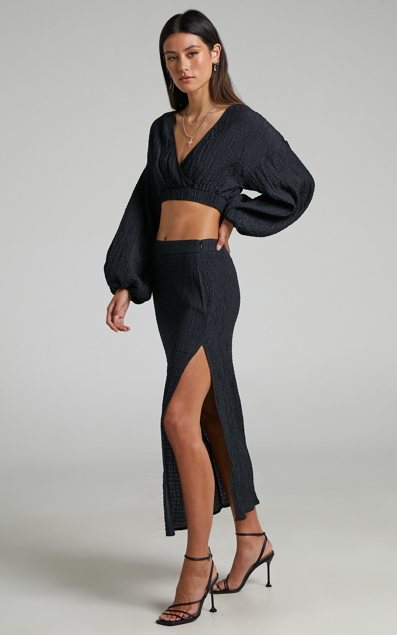 Long sleeve crop top hot sale and midi skirt set