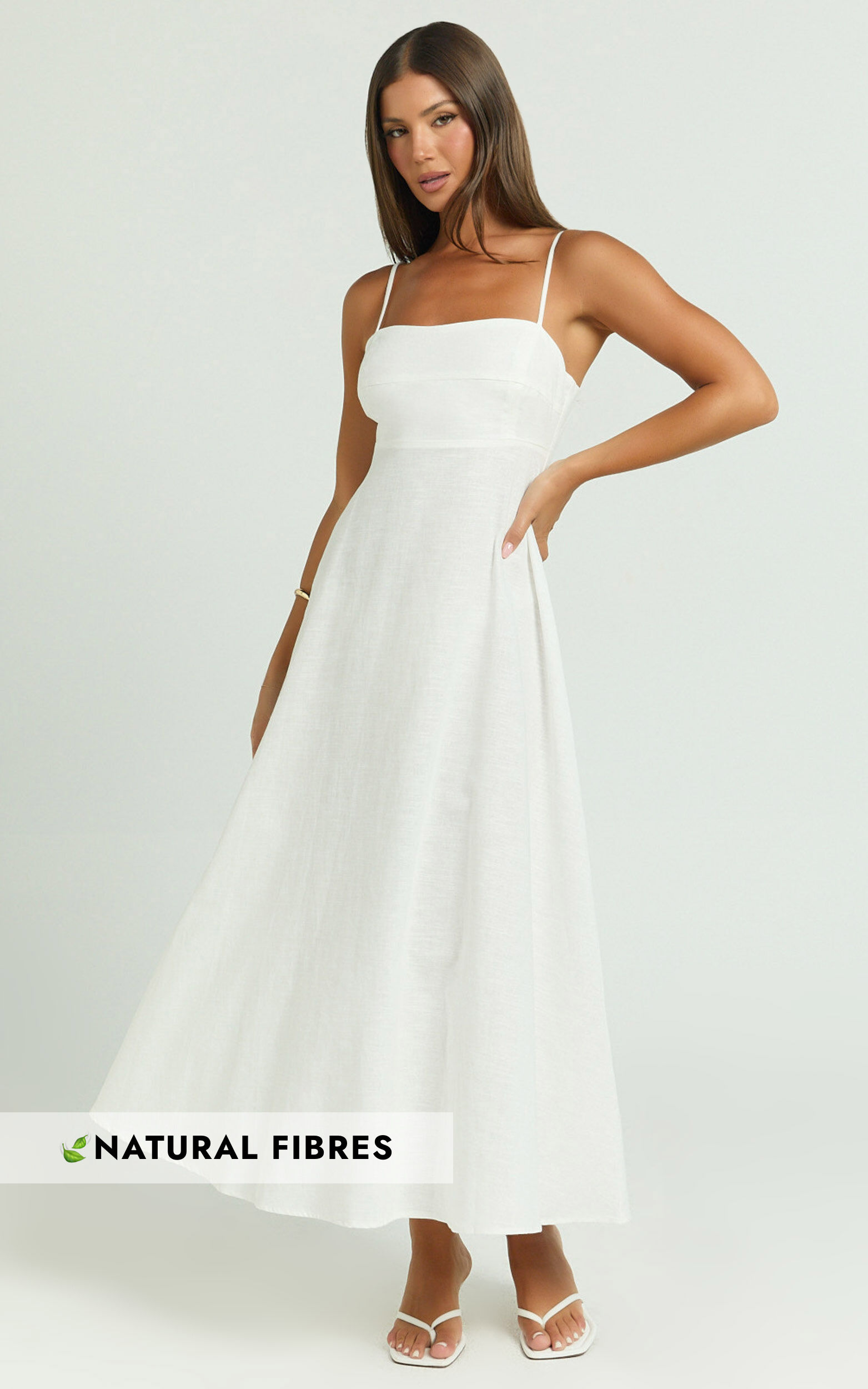Brette Midi Dress - Linen Straight Neck Strappy Fit And Flare Dress in White - 06, WHT1
