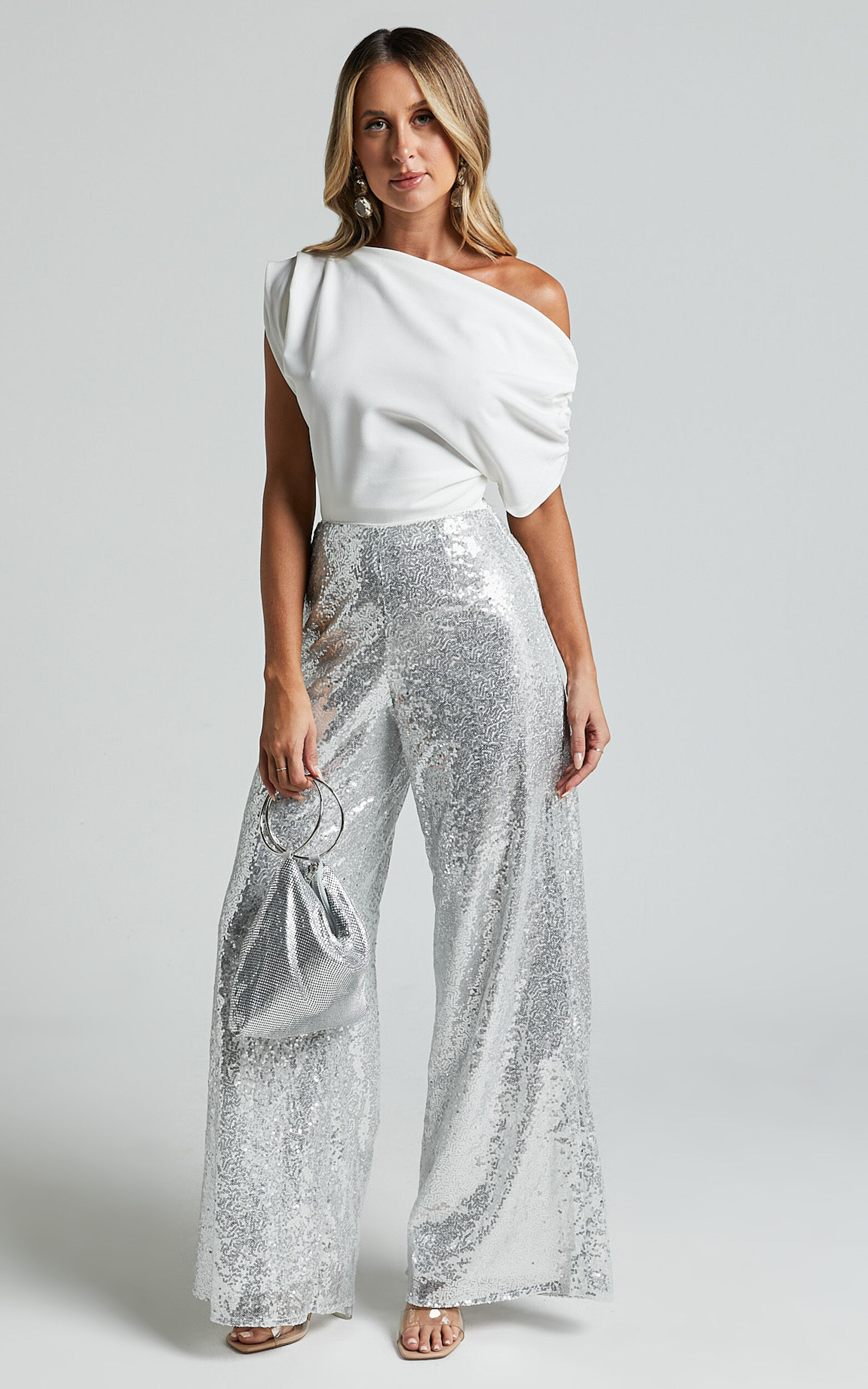 Looma Sequin Pants High Waisted Super Wide Leg Pants in Silver