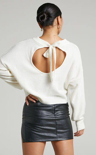 Hollee Sweater - Open Tie Back Knit Sweater in Milk White