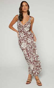 Mauriel Midi Dress - Deep V Gathered Bust Slip Dress in Brown Floral