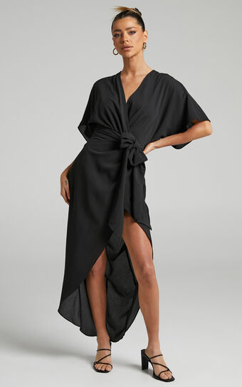 Bellia Midi Dress - Tie Waist Kimono Sleeve Wrap Dress in Black