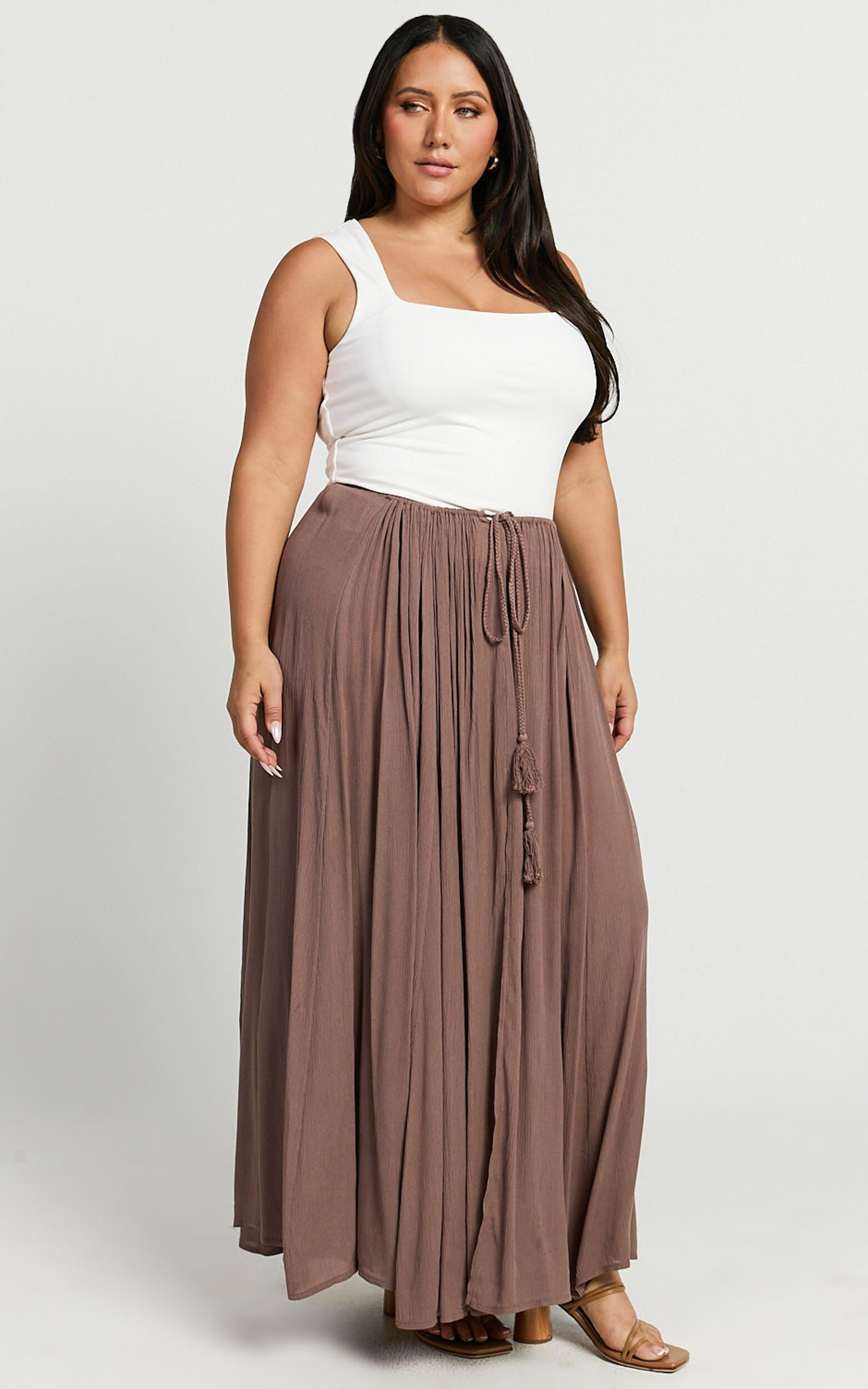 Under The Twilight Maxi Skirt Thigh Split Skirt in Taupe Showpo NZ