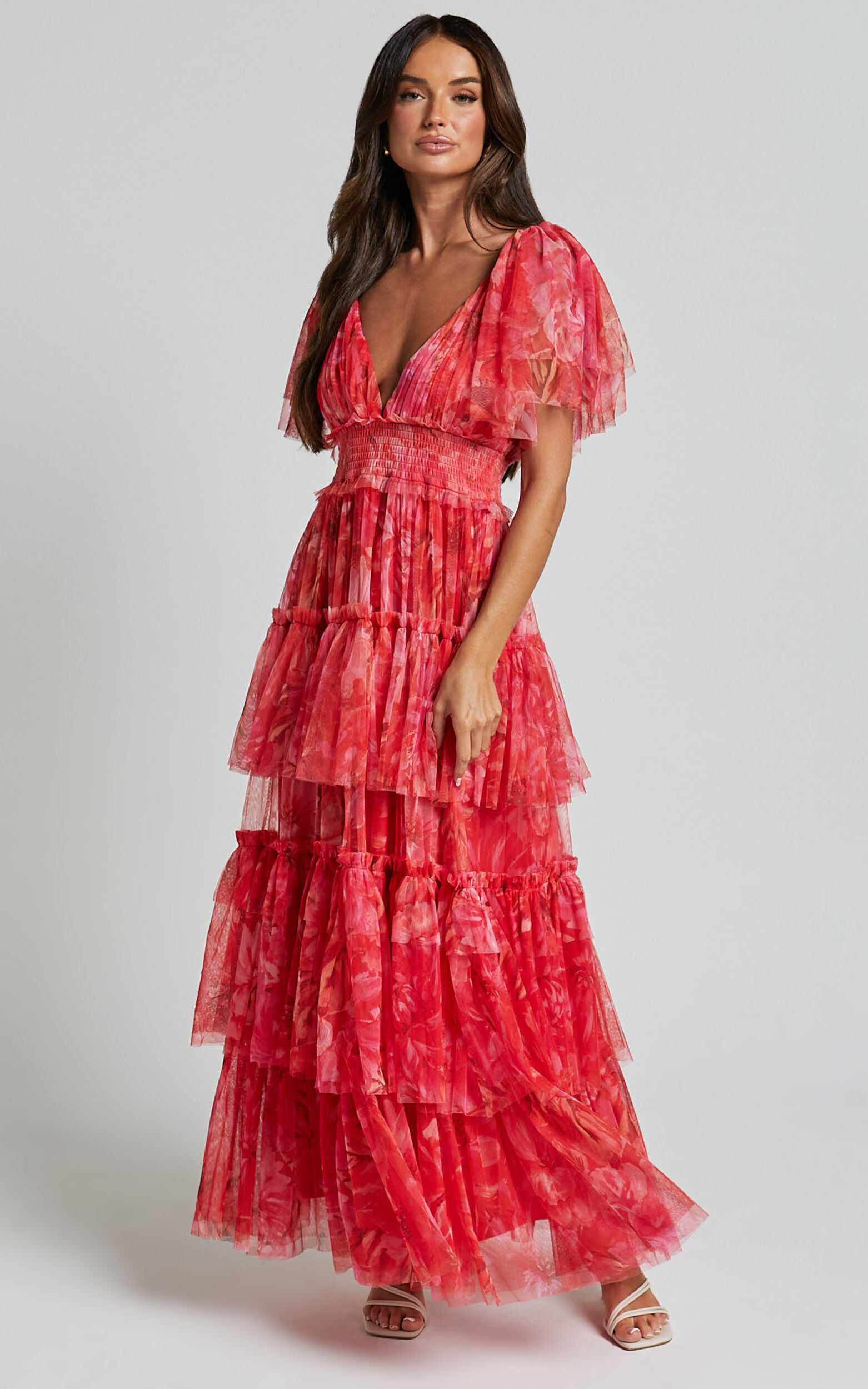 Shirred tulle gown with flutter open sleeves top