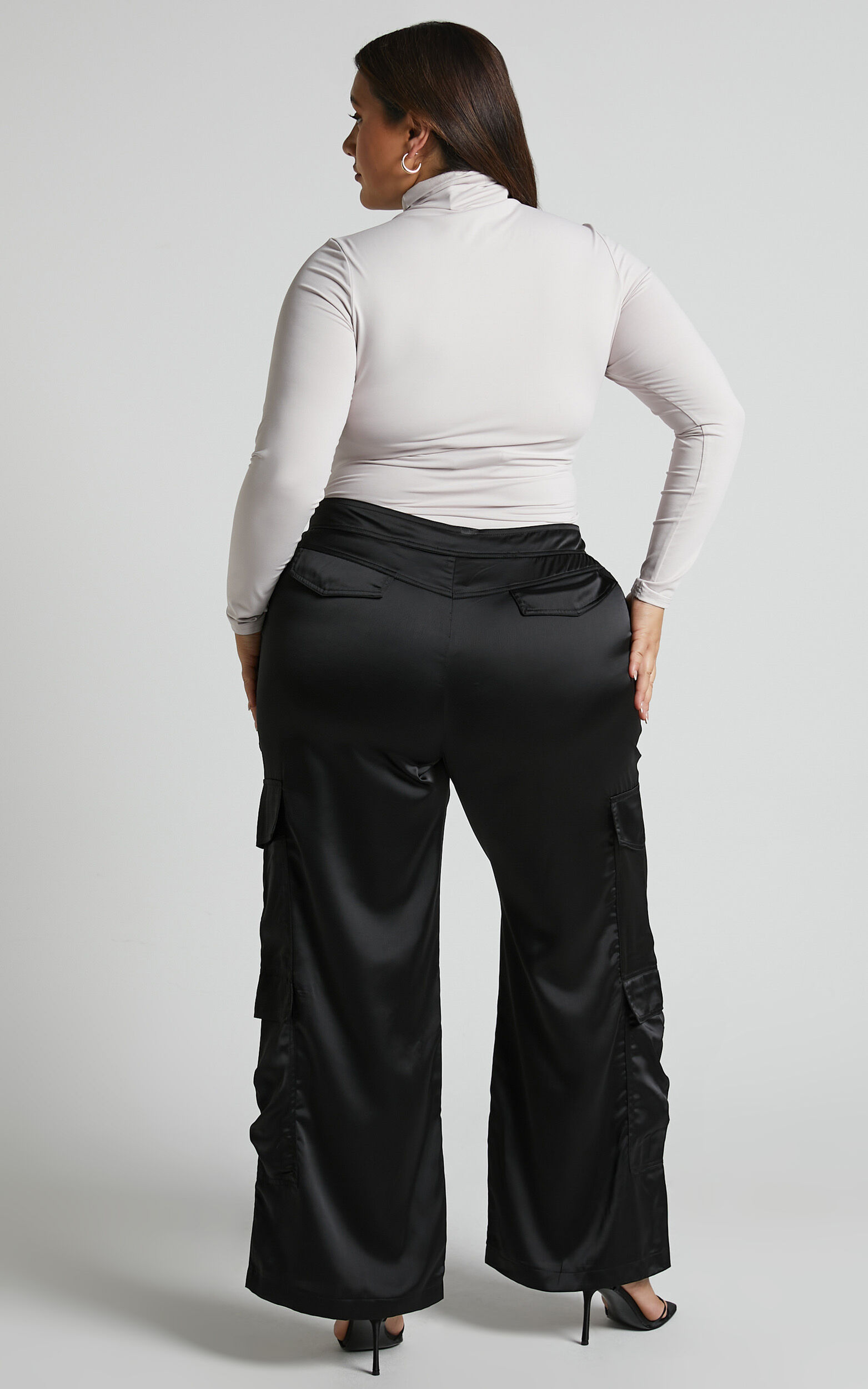 Saori Pants - Mid Rise Satin Cargo Pants in Black