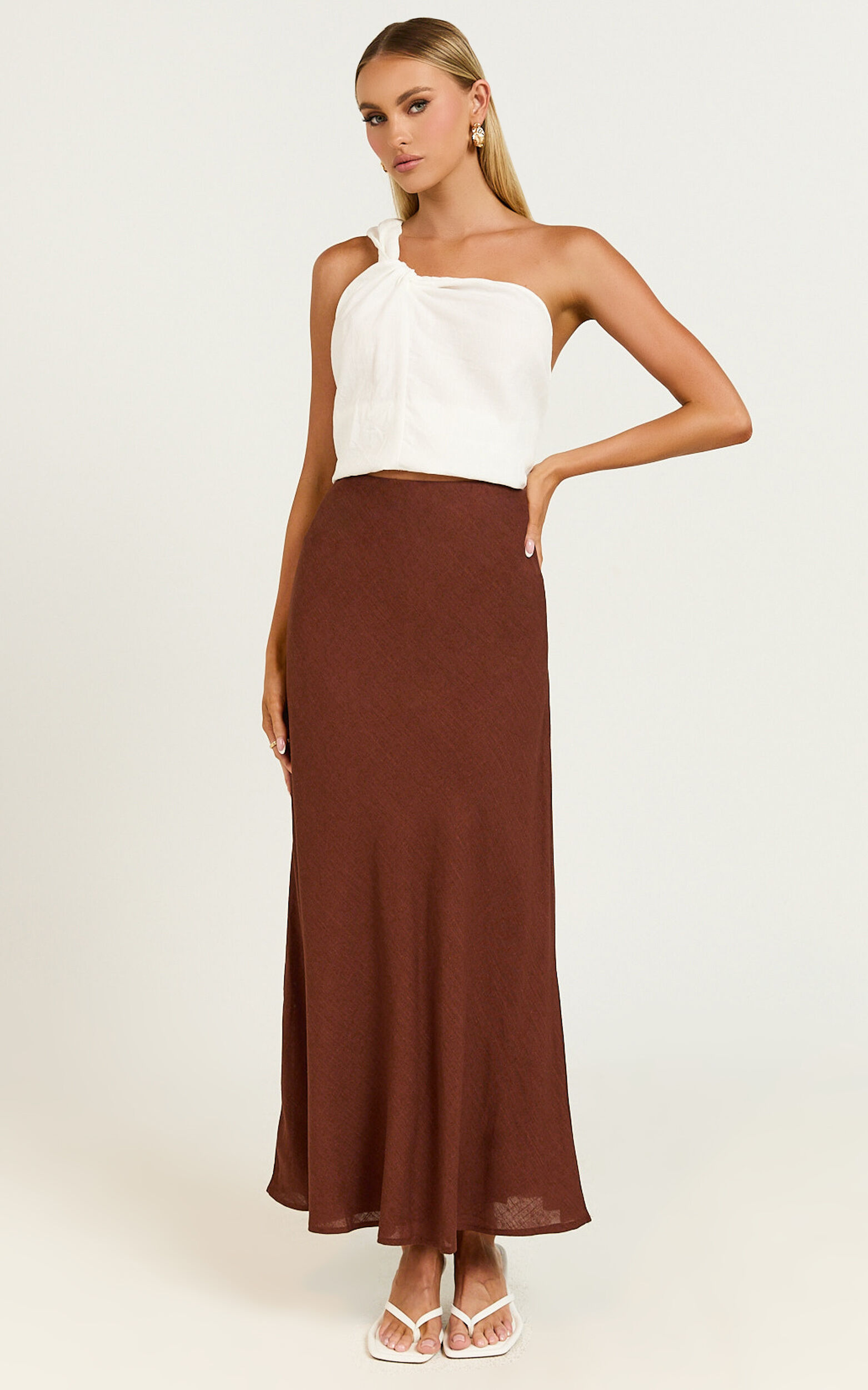 Collins Midi Skirt Linen Look High Waisted Linen Look Bias Slip Skirt in Chocolate