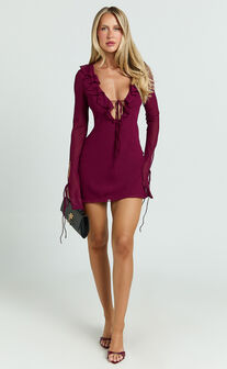 Alesya Mini Dress - Ruffle Plunge Neck Long Sleeve Tie Detail Dress in Wine