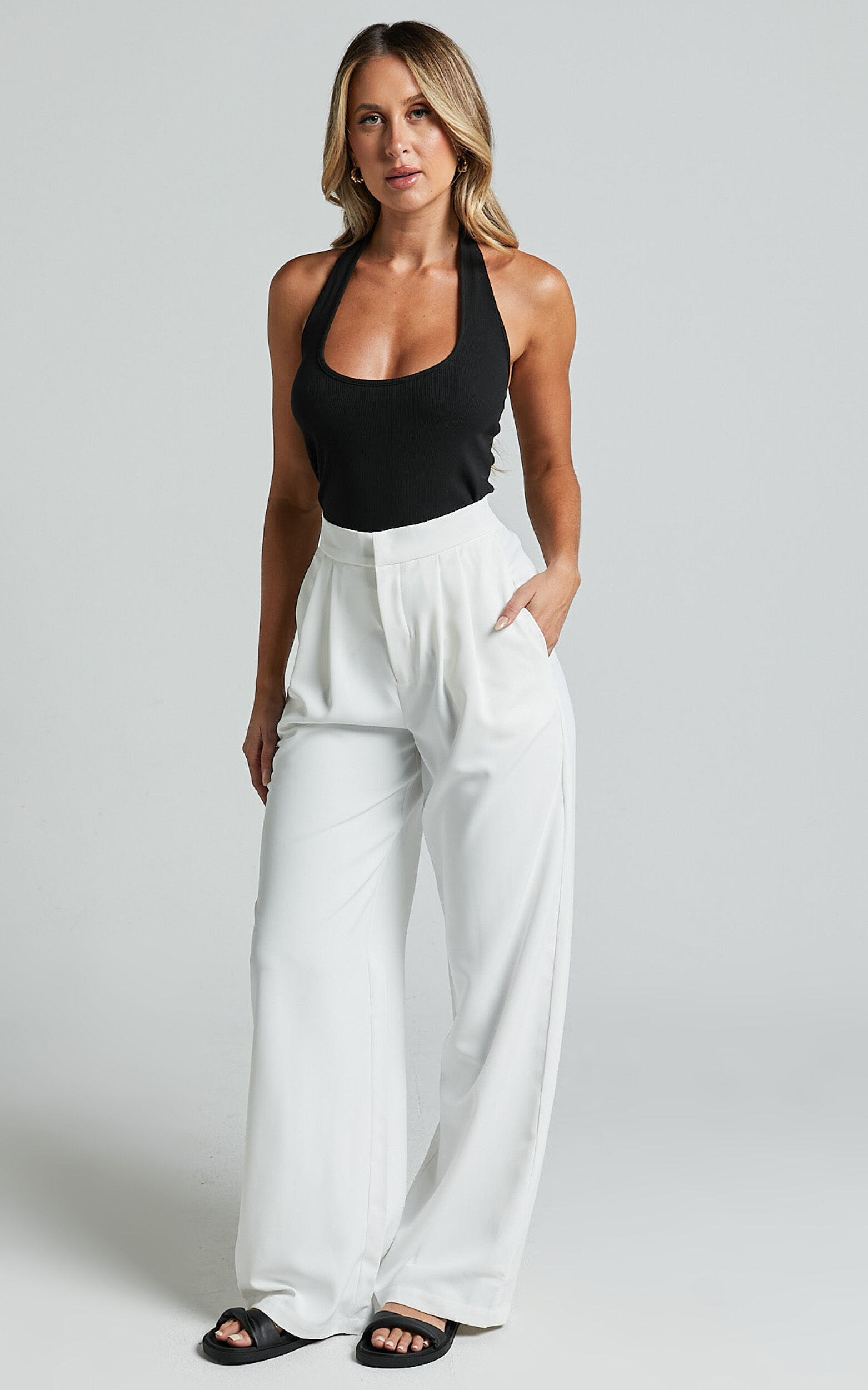 Brigette Pants Pleated High Waisted Wide Leg Relaxed in White