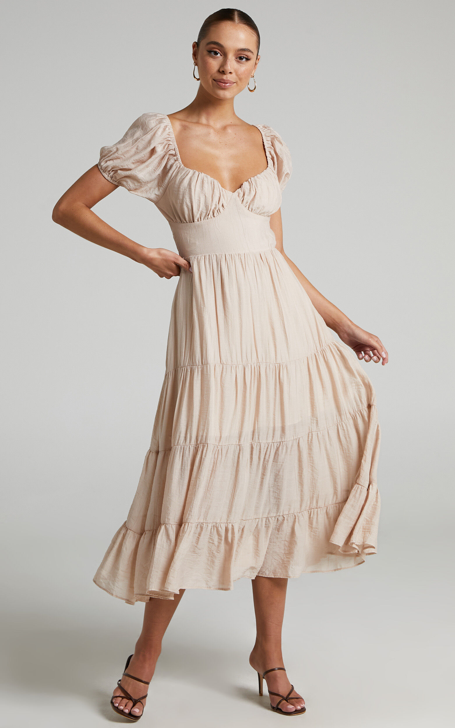 Anita Midi Dress Puff Sleeve Tiered Dress in Beige