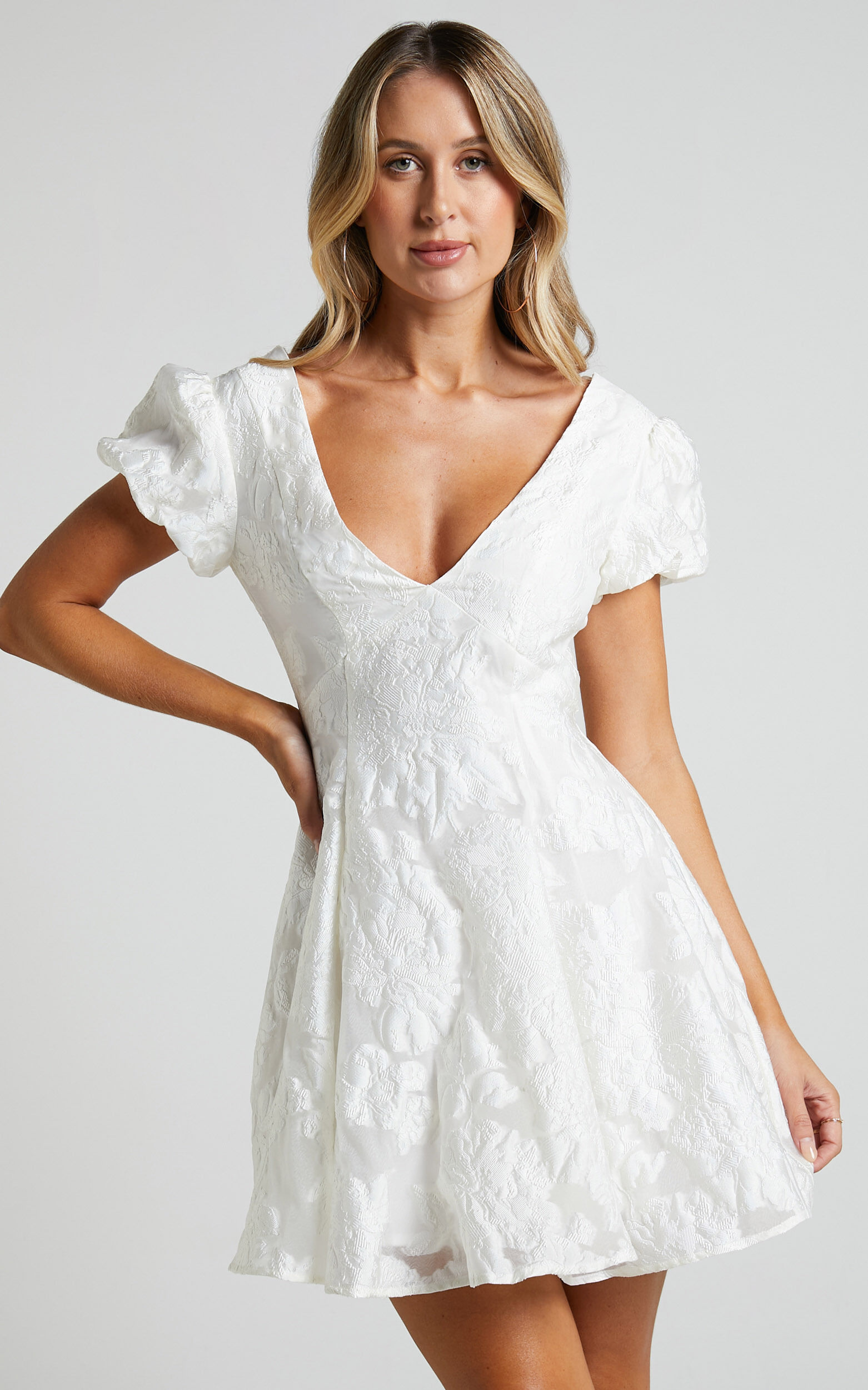 Brailey Jacquard Mini Dress - Puff Sleeve Dress in White | Showpo USA