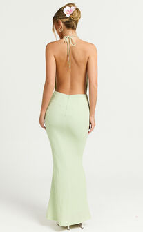 Ada Maxi Dress - Halter Plunge Textured Jersey Open Back Dress in Green