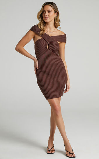 Georgia Off The Shoulder Knit Dress in Chocolate