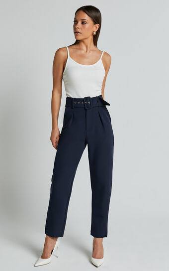 Milica Trousers Belted High Waisted in Navy Showpo Australia