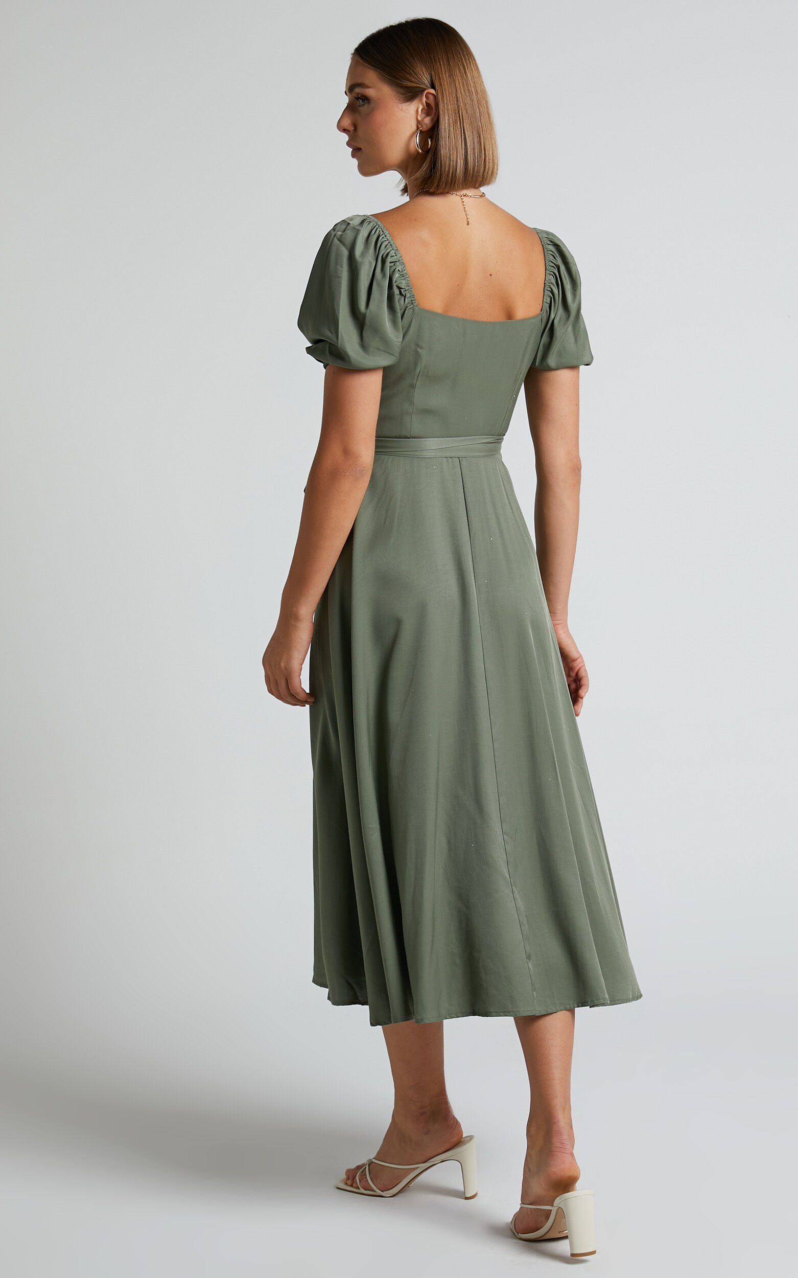 Cressida Midi Dress Puff Sleeve Wrap Dress in Olive