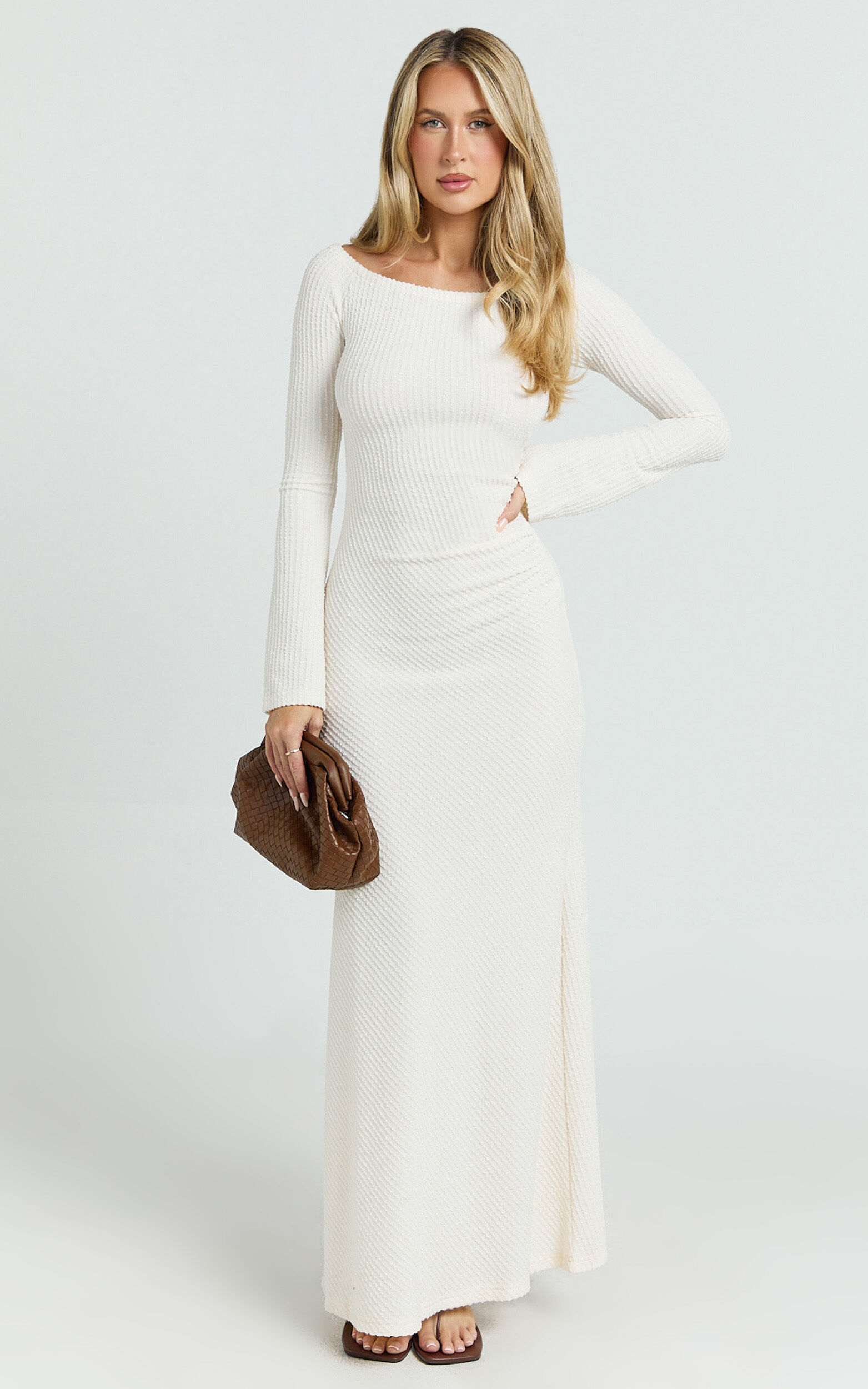 Ayla Maxi Dress - Off Shoulder Flared Sleeve Bodycon Dress in Off White - 06, WHT1