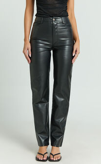 Dilyene Pants - Mid Waist Straight Leg Faux Leather Pants in Black
