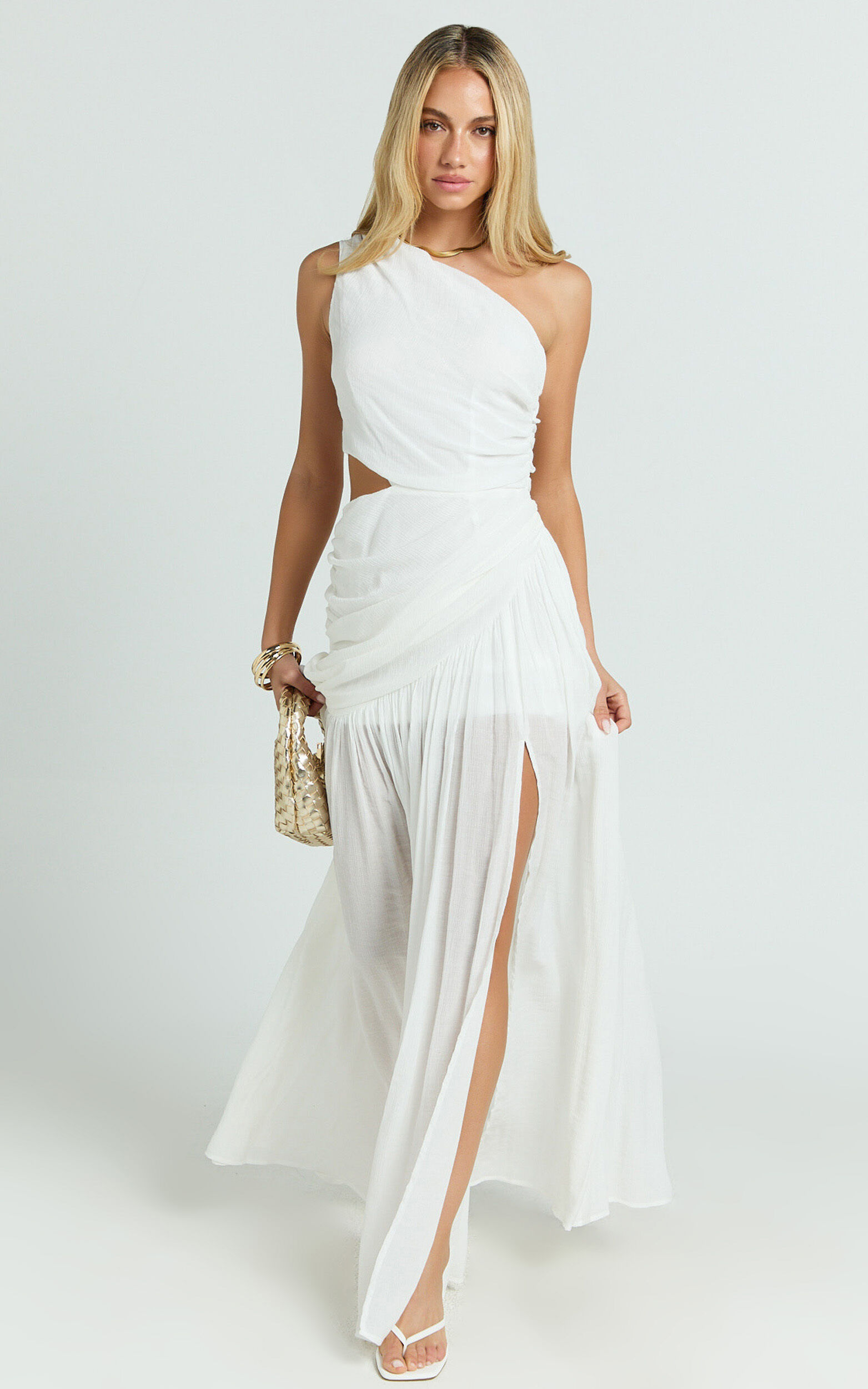 Darcy Maxi Dress - One Shoulder Side Cut Out Gathered Dress in White - 06, WHT1