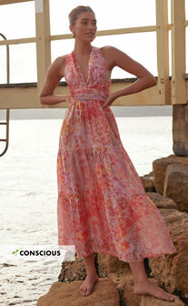 Amalie The Label - Monte Plunge Neck Tie Back Tiered Maxi Dress in Morocco Print