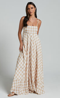 Katrien Maxi Dress - Strappy Empire Waist Flare Dress in Beige and White Check