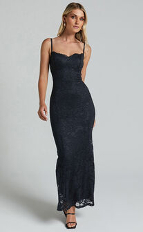Westina Midi Dress - Sweetheart Sleeveless Lace Floral Detail Dress in Black