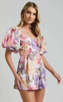 Amalie The Label - Palais Linen Blend Off Shoulder Puff Sleeve Sweetheart Neck Playsuit in Montreuil Print