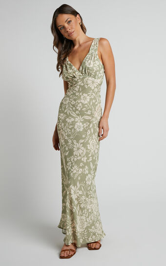 Mauriel Midi Dress - Deep V Gathered Bust Slip Dress in Green Floral